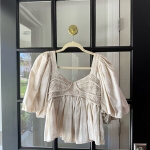 Puff sleeve cream gingham blouse